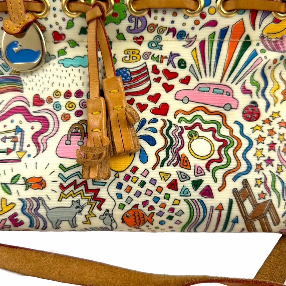 Dooney & Bourke Multicolor Doodle Print Satchel with Tan Leather Trim - Picture 3 of 11